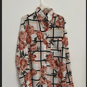 Charlotte Russe Orange and Black Blouse with Geometric Floral Design